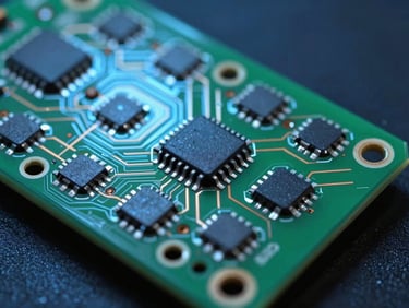 Macro shot of a custom green PCB with clean solder joints and copper traces, cool blue workshop LED light, high-contrast technical details, dark background, 50mm