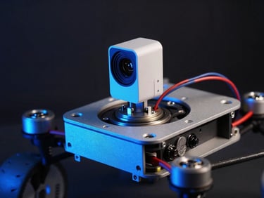 Macro shot of an autonomous rover chassis with LiDAR sensor and wiring harness, cool blue workshop LED light, high-contrast technical details, dark background, 50mm