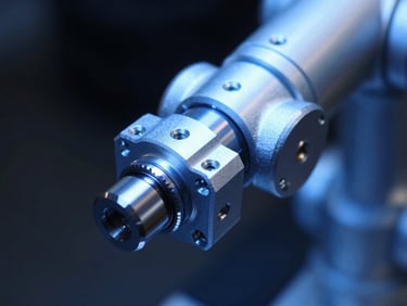 Macro shot of a 4-axis robotic arm joint, machined aluminum, cool blue workshop LED light, high-contrast technical details, dark background, 50mm