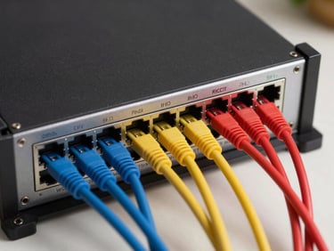 Overhead view of a managed network switch with labeled patch cables in distinct colors, mounted in a small home rack, studio lighting, cables grouped and routed with precision