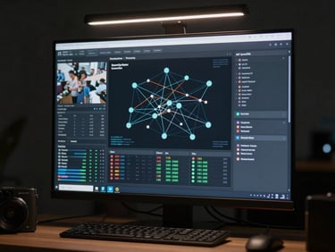 Security monitoring dashboard on a desktop display showing network topology and alert indicators, screen at reading distance, dark room with a single overhead light on the desk