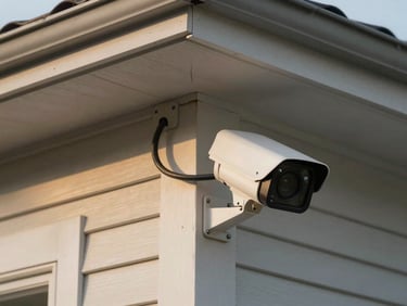 Security camera mounted at a home exterior corner, clean bracket installation, dusk lighting, cable routed flush against the soffit, crisp detail on the camera housing and lens