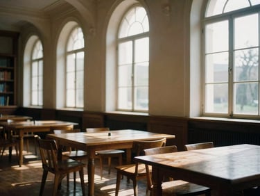 A quiet historic library with warm natural daylight streaming through tall arched windows, wooden tables, rich shadows, medium format film look.