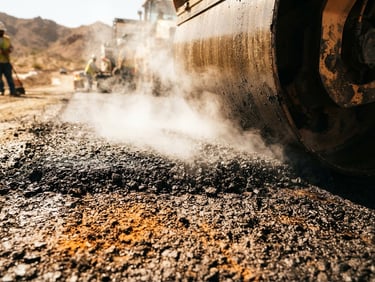 Macro texture shot of freshly laid, hot textured asphalt being compacted by a heavy steel roller, steam rising, high-contrast industrial lighting