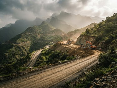 Sweeping shot of a graded mountain road winding through the green peaks of Abha, heavy machinery visible in the distance, dramatic mist and sunlight
