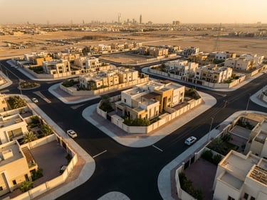 Drone geometric top-down shot of a newly paved residential complex in Riyadh, clean black asphalt roads contrasting with concrete curbs, golden hour light