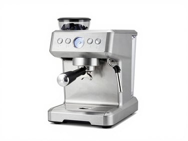 Modern silver espresso machine on a stark white background, bright studio lighting, minimalist style