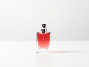 Minimalist studio shot of a designer perfume bottle on a clean white surface, bright high-key lighting, red reflection in glass, sharp focus