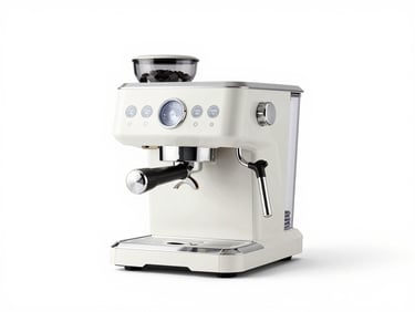 Modern minimalist espresso machine and kitchen utensils on a stark white background, high-key studio lighting