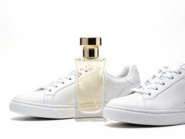 Luxury perfume bottle and clean minimalist sneakers on a stark white background, high-key studio lighting, sharp focus