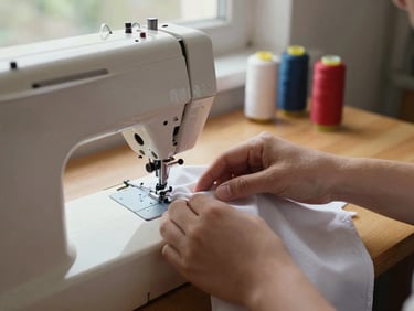 Close detail of hands guiding fabric through a sewing machine on a wooden table, warm natural window light from the side, thread spools visible in background, documentary framing
