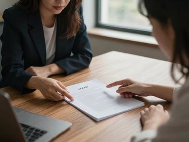 Two women reviewing printed legal documents at a wooden desk, overcast daylight from a window, one pointing to a paragraph, documentary close-environmental framing, warm interior tones