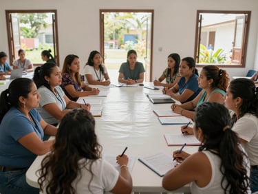 Wide environmental shot of women gathered around a large table in a community meeting space, papers and notebooks open, afternoon light through open windows, active discussion, Colombia interior setting