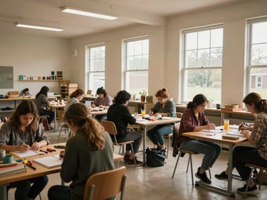 Wide environmental shot from the back of a community workshop room, women seated at tables working with materials under warm daylight from tall windows, visible tools and notebooks, documentary framing, warm earth tones, no posed faces