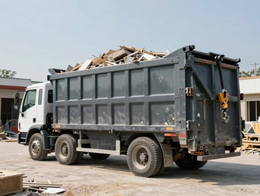 Wide shot of a Drop & Haul truck hooking a fully loaded dumpster for pickup on a finished masonry job site, debris mounded above the container rim, flat midday light, no people in frame