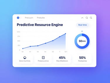 Clean UI dashboard displaying predictive resource engine analytics and real-time risk assessment, bright studio lighting with blue ambient glow, macro shot, 50mm lens
