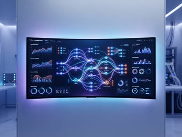 Clean high-tech dashboard showing workflow orchestration analytics, bright studio lighting with soft blue and violet ambient glows, 50mm, wide aspect