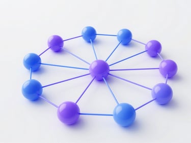 An abstract node-based network diagram visualizing resource allocation and optimization with glowing blue and violet connections, overhead layout, bright studio lighting.