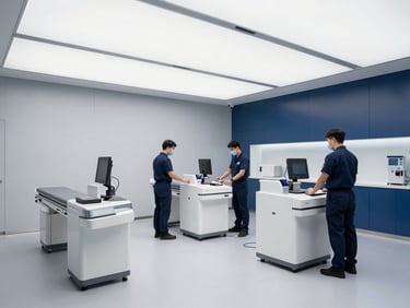 Modern, secure facility interior with clean lines, high-tech equipment, and professional personnel in operational attire, bright overcast daylight, cool slate and navy tones, high detail, 35mm lens