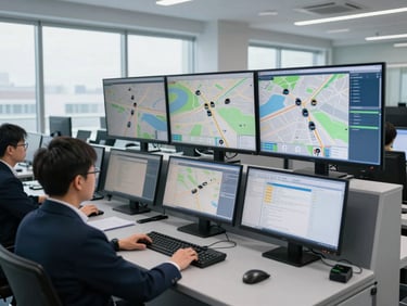 Control center with multiple monitors displaying real-time fleet tracking maps and operational data, professional personnel at workstations, secure office environment, bright daylight, cool slate and navy tones, high detail, 35mm lens
