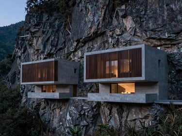 An architectural eco-lodge integrated seamlessly into a steep mountain cliffside, minimalist concrete and dark wood, twilight lighting.