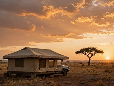 A luxury safari tented camp at golden hour, overlooking the vast Serengeti plains, a single acacia tree in the distance under a dramatic orange sky.