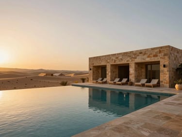 A secluded desert oasis resort at golden hour, minimalist stone architecture, infinity pool reflecting the warm sky