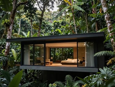 An elegant eco-lodge integrated into the deep green canopy of a tropical forest, large glass walls, minimalist interior