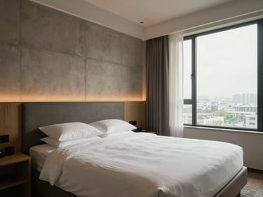 Wide shot of a hotel queen room interior, north-facing window diffusing soft daylight across a low-profile bed with white linen, warm concrete wall behind the headboard, no occupant — proportion and light are the subject