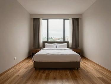 Wide shot of a hotel king room, warm oak floor running toward a tall east-facing window, bed centered in frame, diffuse overcast daylight washing the room evenly, no occupant — materials and proportion visible