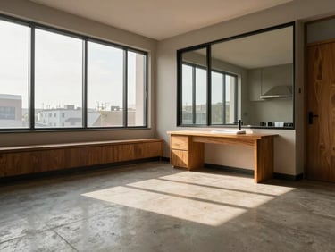 Wide environmental shot of a corner hotel suite, two walls of glazing meeting at a corner, warm afternoon light entering at an angle across pale concrete floor and oak furniture, no occupant — room proportion is the subject