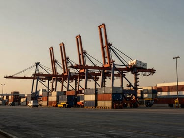 Wide environmental shot of a modern cargo port at golden hour, deep desaturated corporate tones, high contrast, 35mm architectural lens.