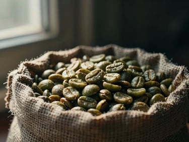Extreme macro shot of raw green coffee beans in a rustic sack, dramatic side window light, high contrast.