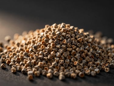 Close-up of mineral fertilizer granules, high contrast corporate studio lighting, dark background.