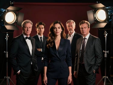 Cinematic frame of a luxury commercial shoot, professional actors under studio lights, rich moody tones, 35mm