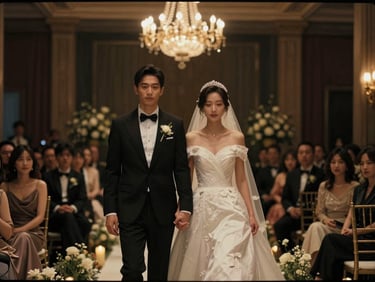 Cinematic documentary frame of a luxury wedding, couple walking under warm dramatic lights, elegant atmosphere, 35mm
