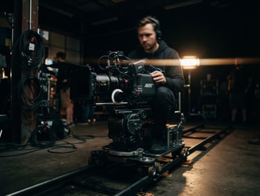 Cinematic film photography of a high-end cinema camera on a dolly, dramatic low-key lighting, anamorphic lens flare, shallow depth of field, 35mm