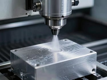 Industrial close-up of a desktop CNC machine milling a block of raw aluminum under coolant spray, crisp industrial photography, cool metallic tones, shallow depth of field.