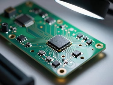 Macro top-down shot of a custom green circuit board with neat silver solder joints and microcontrollers under a crisp desk lamp, cool metallic tones, shallow depth of field.