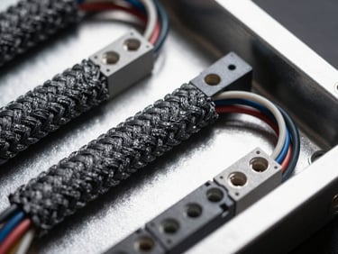Macro shot of neat wiring looms inside a custom electrical enclosure, braided sleeves, labeled connectors, high-contrast directional light