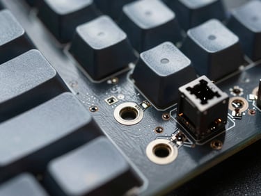 Macro shot of a custom mechanical keyboard PCB with clean solder joints and hot-swap sockets, crisp industrial photography, cool metallic tones, shallow depth of field.