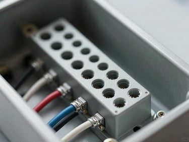 Macro shot of neat wiring inside an electrical enclosure with terminal blocks and zip ties, high-contrast directional desk light, cool metallic tones.