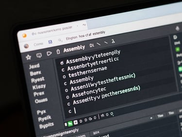Crisp screenshot of a terminal window displaying a lightweight custom text editor written in assembly, high-contrast directional desk light.