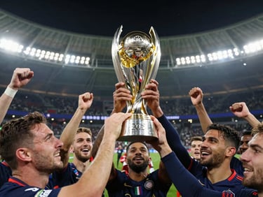 Championship trophy gleaming under stadium lights, surrounded by celebrating players, dynamic sports action photography.