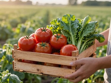 Hands holding a wooden crate overflowing with heirloom tomatoes and fresh greens, morning sun, dewy fields in background