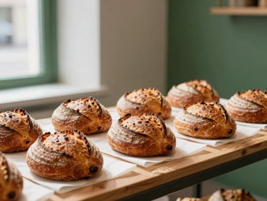 A modern artisanal food market hall, clean lines, display of freshly baked sourdough loaves on parchment paper, soft daylight