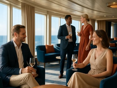 Elegant adults socializing naturally in a premium cruise ship lounge under warm natural daylight, crisp focus