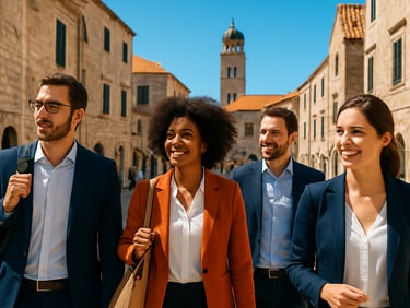 A small group of professional adults on a walking tour in a historic European coastal city, bright daylight