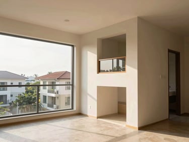 Warm architectural photography of a bright modern apartment interior in Thai Nguyen, natural morning light, realistic layout, 35mm lens