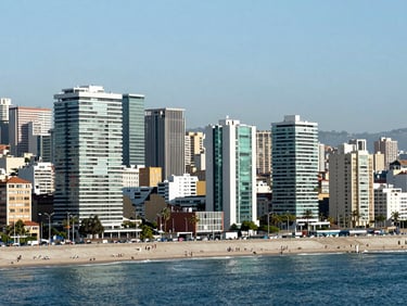 Coastal city landscape of Valparaiso, modern urban planning elements, crisp daylight, wide-angle lens, architectural harmony.